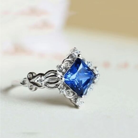 925 Silver Plated  Blue Cubic Zirconia Ring Silver Color Fine Jewelry - Picture 5 of 6